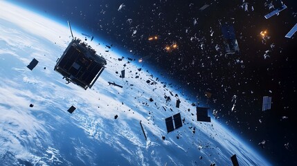 Aufkleber - Space Debris Monitoring Satellite Capturing Data on Nearby Space Junk Cluster