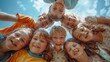 © hisilly - Joyful Little Friends: Diverse Children Playing Outdoors, Smiling and Huddling Together - Friendship and Diversity Concept