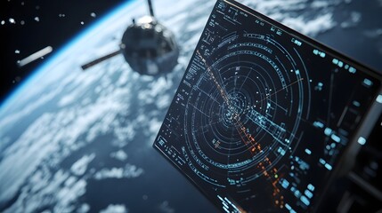 Aufkleber - Spacecraft s Radar System Actively Tracking Space Debris with Data Visualization