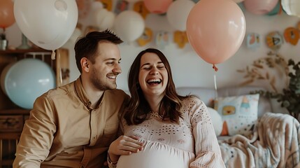 Pregnant woman and her partner are laughing together in their home, surrounded by balloons and decorations for a baby shower.