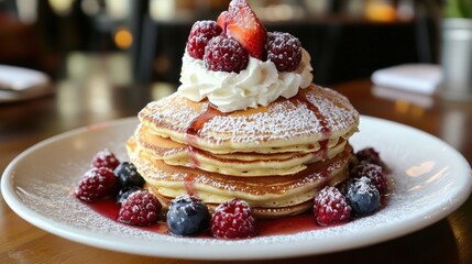 Canvas Print - Delicious Pancakes with Berries and Whipped Cream