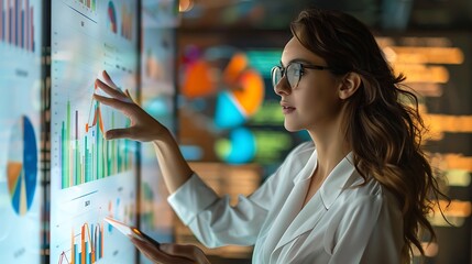 Poster - Businesswoman stands before a large interactive screen, analyzing data through graphs and charts. She is actively engaged in the process, using her finger to interact with the display.