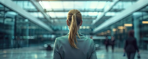 Businesswoman stands in a modern airport terminal, looking ahead with determination. Ideal for travel and professional themes.