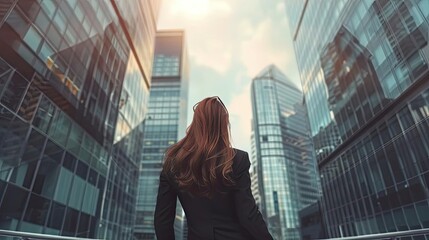 A woman stands confidently in front of towering skyscrapers, gazing up at the bright sky, embodying ambition and urban life.