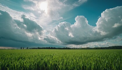 Wall Mural - Large harvest of wheat in summer on the field landscape with blue sky and clouds Wide shot 18