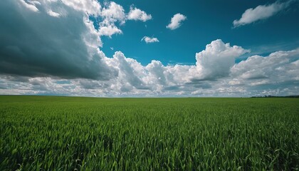 Wall Mural - Large harvest of wheat in summer on the field landscape with blue sky and clouds Wide shot 6