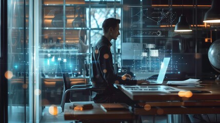Poster - A man is sitting in an office with a laptop, working on a project, and looking at a digital screen.