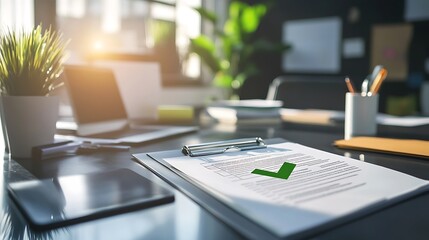 Poster - Business Document with Green Check Mark on Modern Office Desk