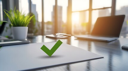 Poster - Business Document with Green Check Mark on Modern Office Desk