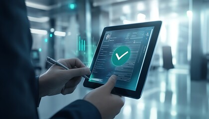Poster - Digital Interface Displaying Approved Business Document on Tablet