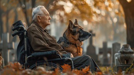 Wall Mural - Remembrance Day: American War Veteran and German Shepherd Pay Tribute in Cemetery