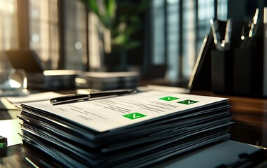 Poster - Stack of Business Documents with Green Check Marks and Digital Signature Pad
