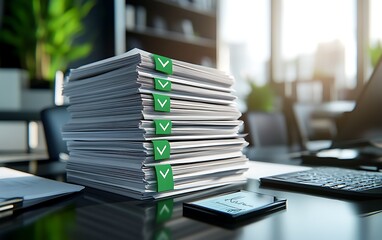 Poster - Stack of Business Documents with Green Check Marks and Digital Signature Pad
