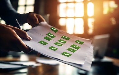 Poster - Business Leader Reviewing Strategy Document with Completed Tasks in Dynamic Office