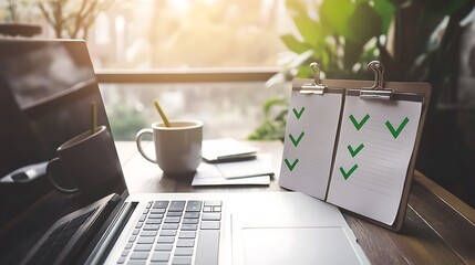 Poster - Business Task List with Completed Tasks and Green Check Marks on Office Desk