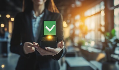 Poster - Business Professional Holding Certified Product with Green Check Mark on Label