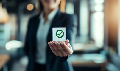 Poster - Business Professional Holding Certified Product with Green Check Mark on Label