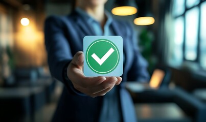 Poster - Business Professional Holding Certified Product with Green Check Mark on Label