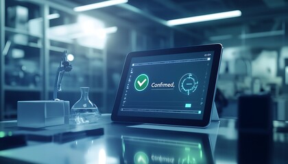 Poster - Digital Interface Confirming Business Deal with Green Check Mark on Tablet