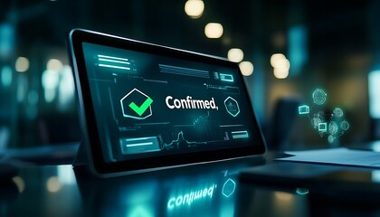 Poster - Digital Interface Confirming Business Deal with Green Check Mark on Tablet