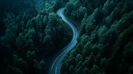 Aufkleber - Winding Mountain Road Through Dense Forest Captured by Drone Aerial Photograph