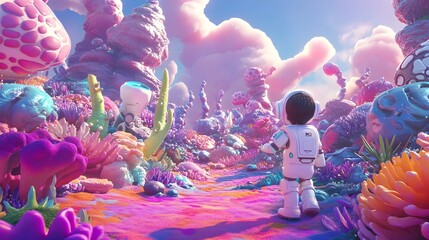 Poster - Young Explorer and Robotic Companion Venture Into Enchanting Alien Landscape