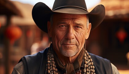 Sticker - A close up of a man wearing cowboy hat and vest