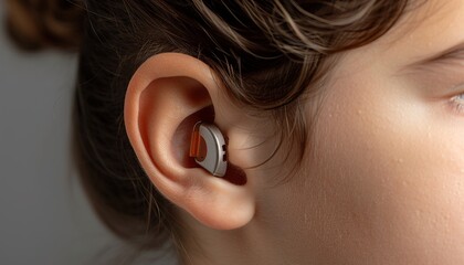 Wall Mural - Closeup of ear, hearing aid and person disability 