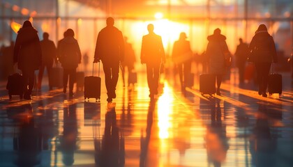 Crowd of blurred busy airport business office 