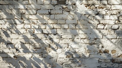 Wall Mural - A sunlit old white brick wall with natural shadows, enhancing the weathered texture