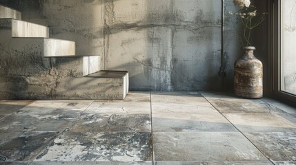 A tile floor with a mix of stone and ceramic textures, blending natural and industrial styles.