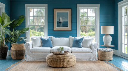 A beach-themed living room adorned with sea-blue walls, driftwood accents, and nautical decor brings a refreshing, coastal vibe.