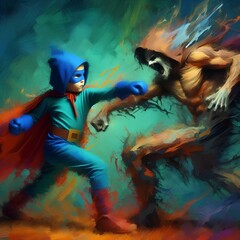 Canvas Print - a child imagining himself as a heroic character fighting a villain 35