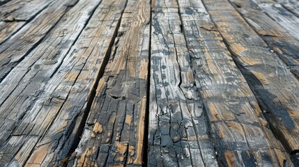 Sticker - An aged wooden floor with cracks and crevices, showcasing the beauty of weathered wood.