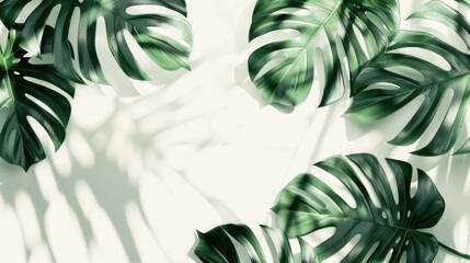 Fototapete - Monstera leaves with a soft shadow, creating a natural frame with space for text in the center