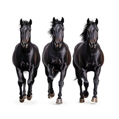 Black Horses Galloping Across White Background with Detailed Clarity