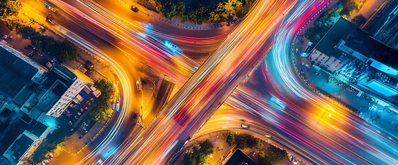 aerial view of a busy city intersection at night with cars creating streaks of light.