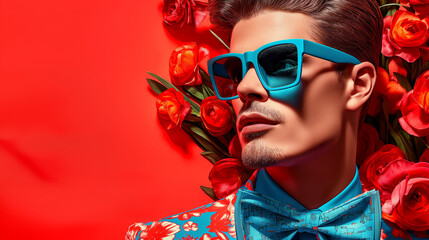 Wall Mural - modern pop art portrait of handsome man male in sunglasses on minimal red blooming floral background