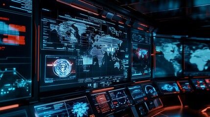 Leinwandbilder - High-Tech Cyber Security Command Center with Real-Time Threat Detection