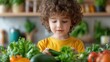 © MP-AI - A cheerful child exploring fresh vegetables in a bright kitchen, promoting healthy eating and family cooking time.