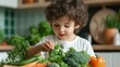 © MP-AI - A joyful child exploring fresh vegetables in a kitchen, promoting healthy eating habits and joy of cooking.