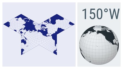 Wall Mural - World Map Animation. Gnomonic butterfly projection. Solid color style. Animated world map in Polyhedral Butterfly projection. Loopable animation showing longitude shift and matching globe.