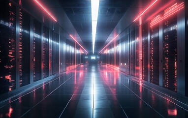 Leinwandbilder - Futuristic Data Center with Encrypted Data Streams Flowing Through Secure Servers
