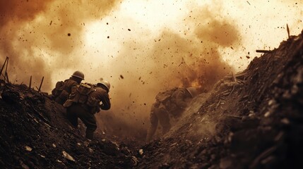 Soldiers in battle war scene explosion smoke chaos image captures intense emotions of fear and urgency as soldiers navigate through chaotic battlefield. 