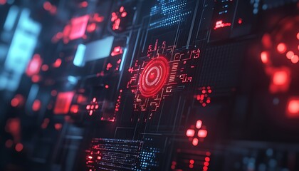 Leinwandbilder - Close-Up of Digital System Detecting Cyber Threats with Red Warning Symbols