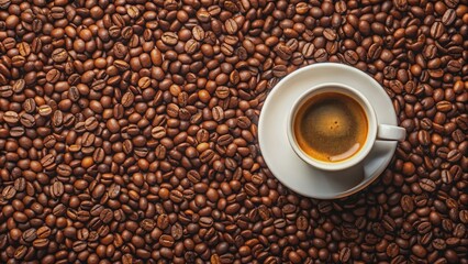 Wall Mural - A cup of coffee surrounded by fresh coffee beans , coffee, beans, drink, aroma, beverage, morning, caffeine, espresso, roasted