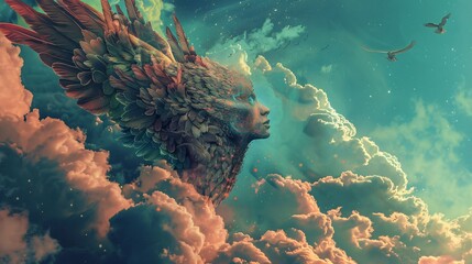 Surreal creature with a human face and bird wings in a magical sky