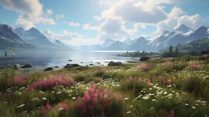 Wall Mural - Idyllic mountain landscape with vibrant wildflowers and a serene lake
