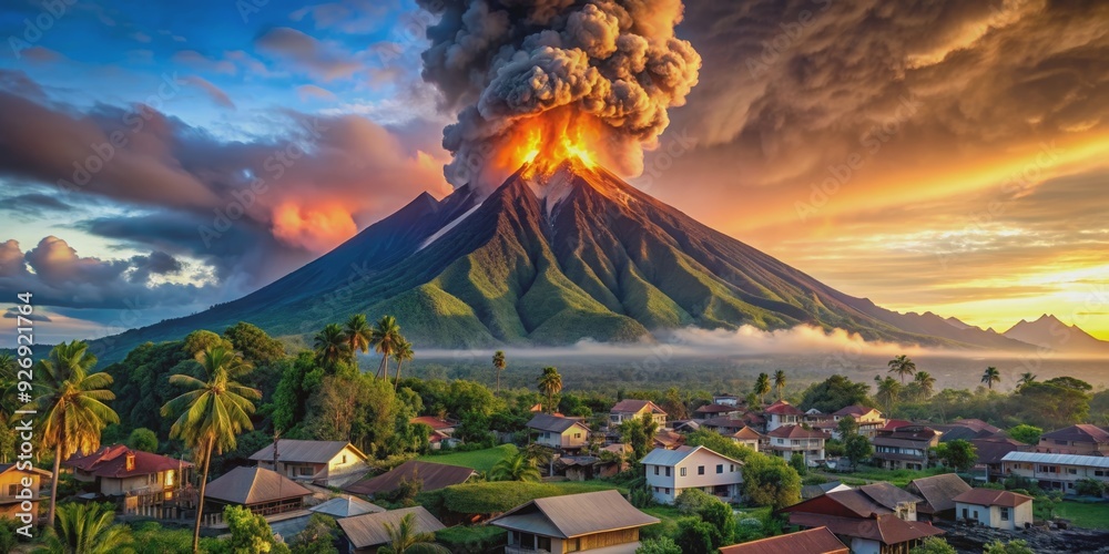 Volcano eruption over tropical village, disaster, eruption, lava ...