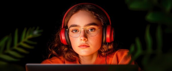 Girl With Headphones Using A Laptop, Her Focus And Creativity Alive In Every Note